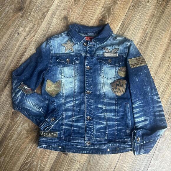 Boys' 8IGHTH DSTRKT Size 15/16 Ribbed Moto denim jacket with rips and patches - Picture 1 of 9
